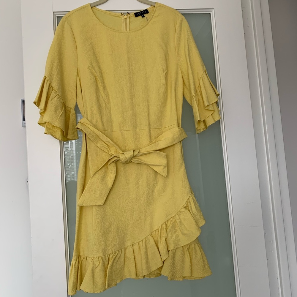 Yellow Seersucker Ruffle Dress with Belt